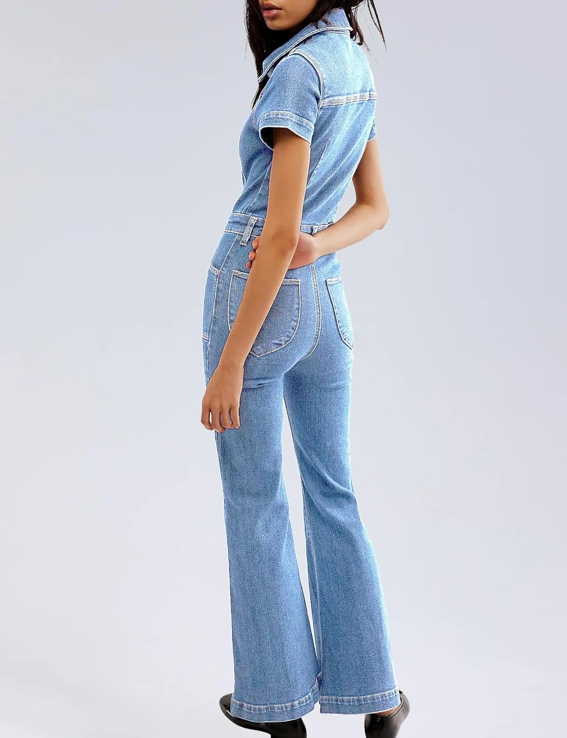 Qazel Vorrlon Denim Jumpsuit for Women Flare Wide Leg Blue Jean Jumper Short Sleeve Button Stretch Long Romper Pants