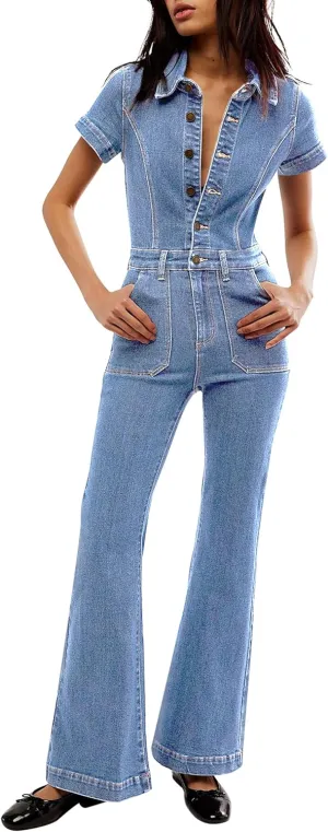 Qazel Vorrlon Denim Jumpsuit for Women Flare Wide Leg Blue Jean Jumper Short Sleeve Button Stretch Long Romper Pants