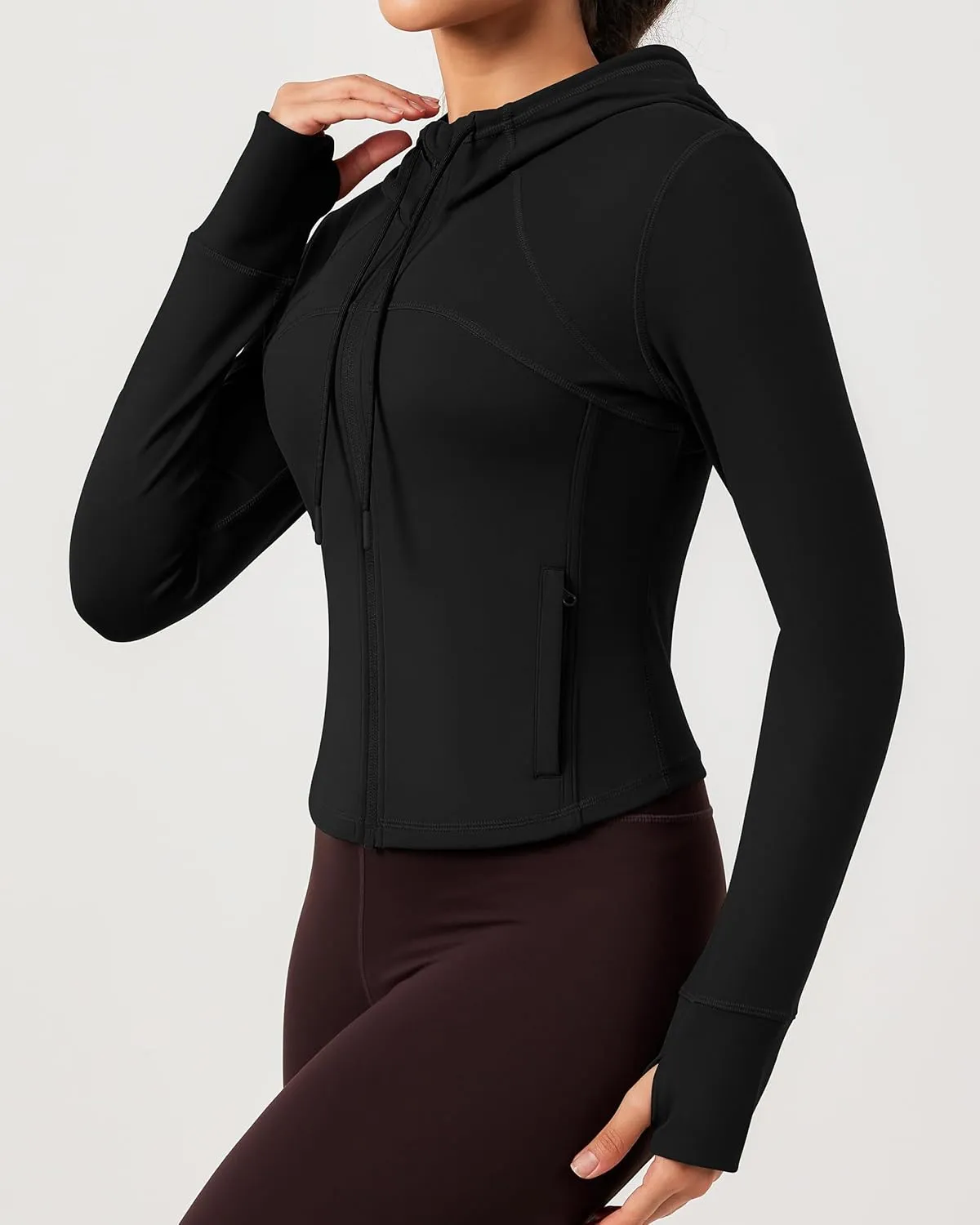 QUEENIEKE Hooded Workout Jacket for Women - Zip Up Athletic Running BBL Jacket Croped Tops with Back Mesh Vent & Thumb Holes