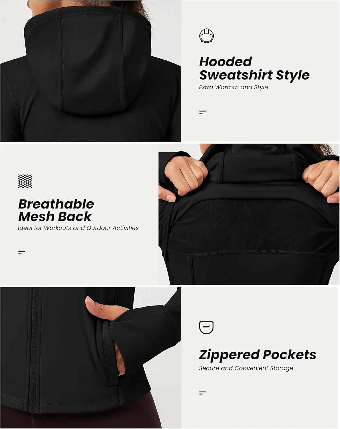QUEENIEKE Hooded Workout Jacket for Women - Zip Up Athletic Running BBL Jacket Croped Tops with Back Mesh Vent & Thumb Holes