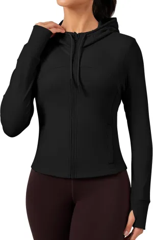 QUEENIEKE Hooded Workout Jacket for Women - Zip Up Athletic Running BBL Jacket Croped Tops with Back Mesh Vent & Thumb Holes