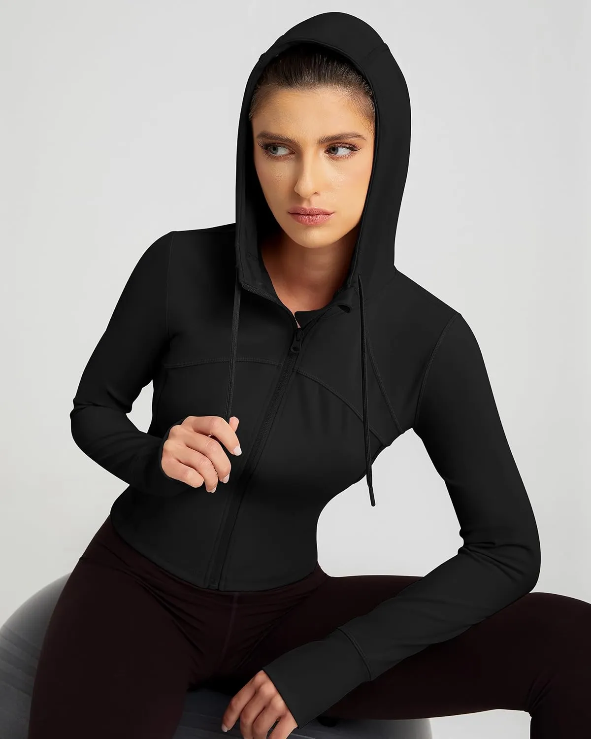 QUEENIEKE Hooded Workout Jacket for Women - Zip Up Athletic Running BBL Jacket Croped Tops with Back Mesh Vent & Thumb Holes