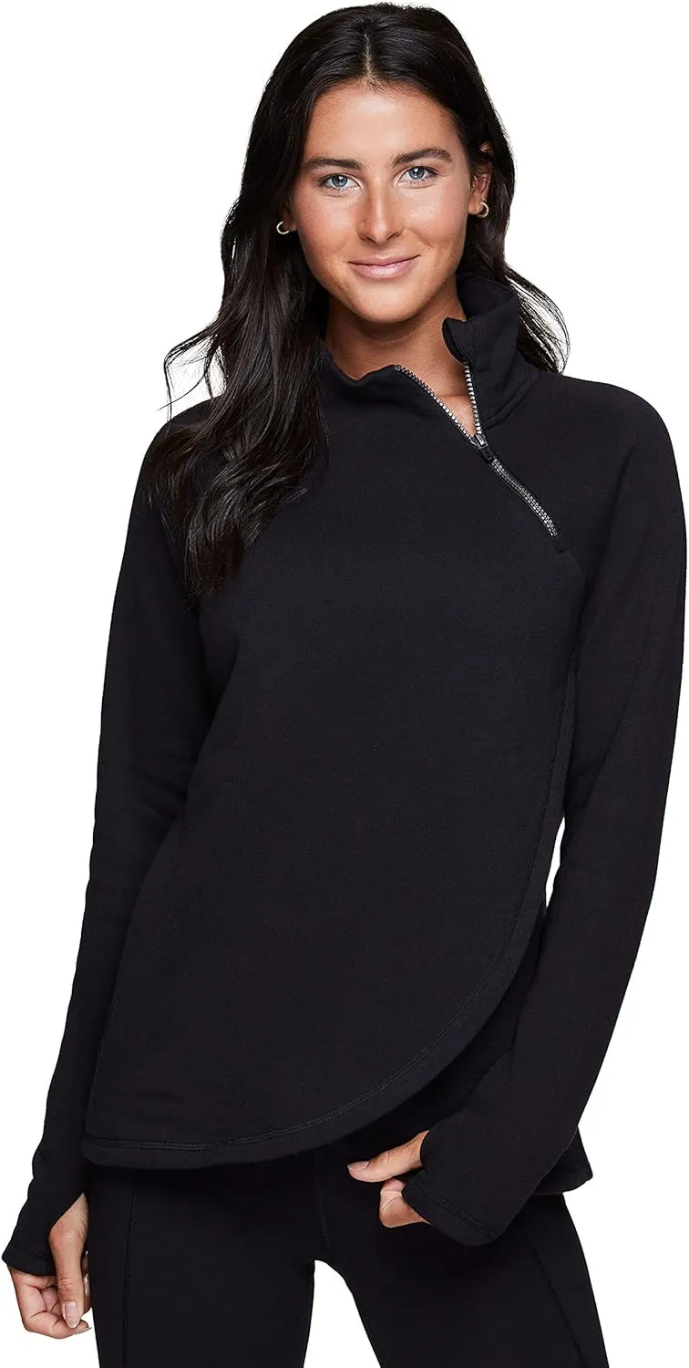 RBX Activewear Women's Fleece Sweatshirt Fashion Pullover With Pockets, Zip Mock Neck and Thumb Holes