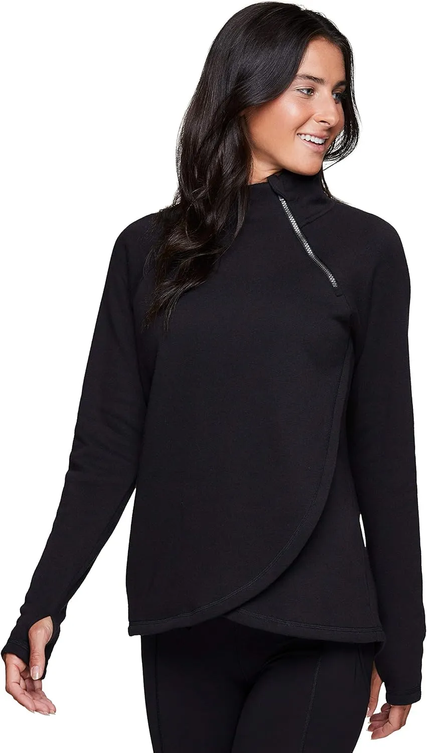 RBX Activewear Women's Fleece Sweatshirt Fashion Pullover With Pockets, Zip Mock Neck and Thumb Holes