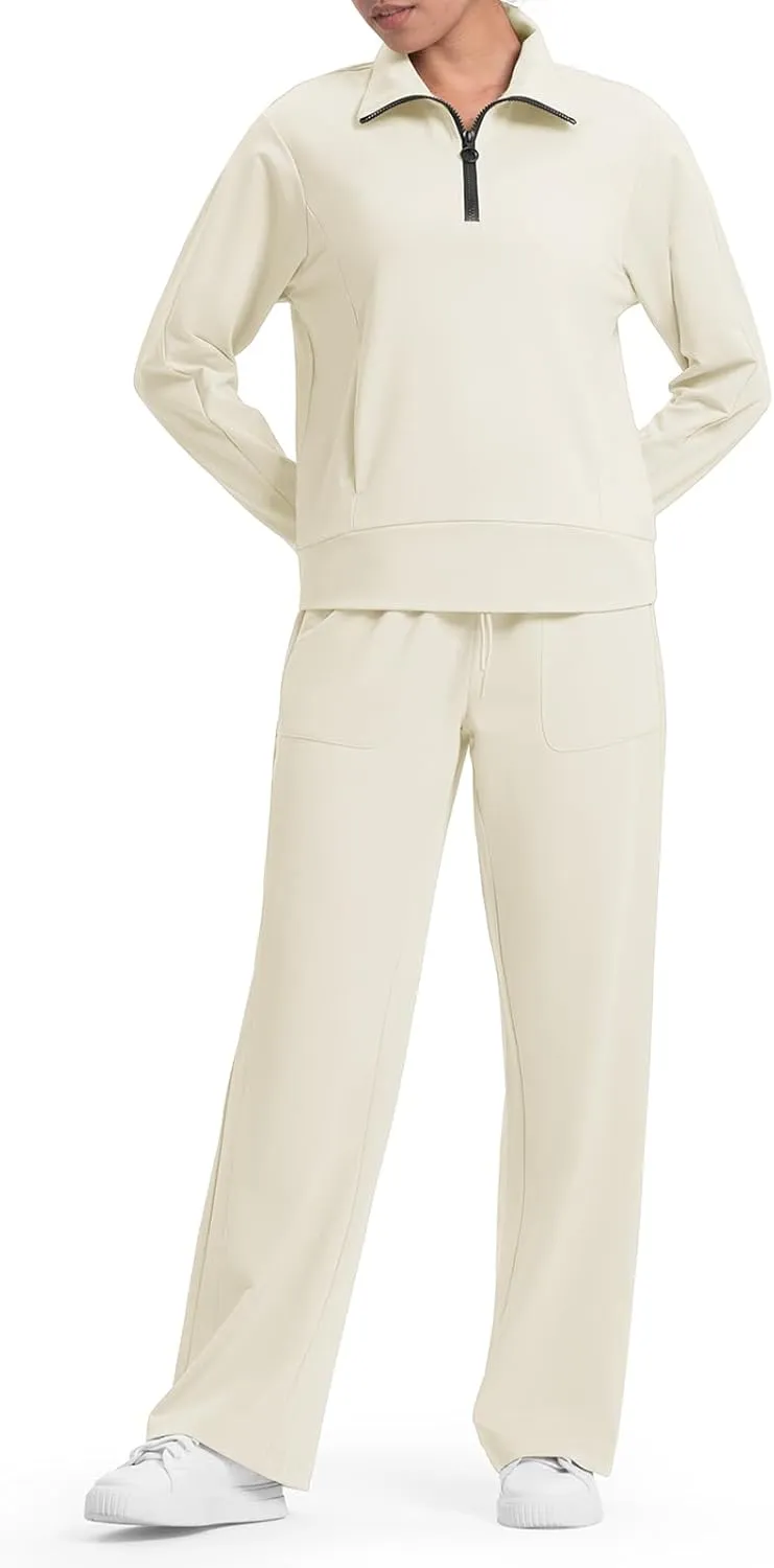 Rdruko Lounge Sets For Women 2 Piece Outfits Sweatsuit Half Zip Sweatshirts and Wide Leg SweatPants Tracksuit Suit