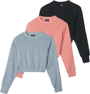 Real Essentials 3 Pack: Women's Fleece Cropped Sweatshirt - Long Sleeve Crew Neck Crop Top (Available in Plus Size)
