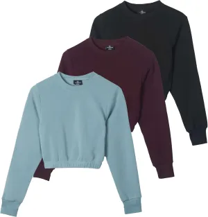 Real Essentials 3 Pack: Women's Fleece Cropped Sweatshirt - Long Sleeve Crew Neck Crop Top (Available in Plus Size)