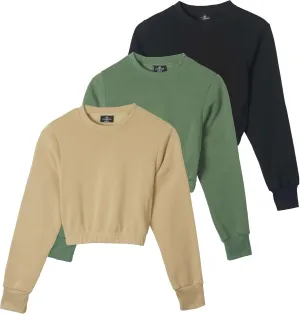 Real Essentials 3 Pack: Women's Fleece Cropped Sweatshirt - Long Sleeve Crew Neck Crop Top (Available in Plus Size)