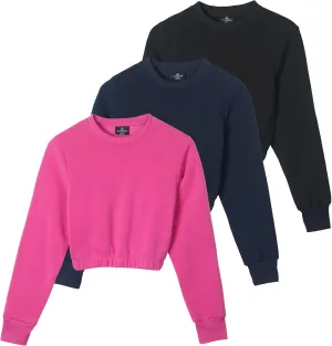 Real Essentials 3 Pack: Women's Fleece Cropped Sweatshirt - Long Sleeve Crew Neck Crop Top (Available in Plus Size)