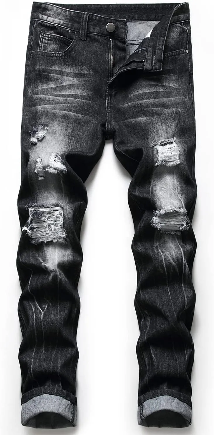 Ripped Jeans for Men Slim Denim Regular Fit Tapered Leg Distressed Destroyed Pants Mens Jeans with Hole