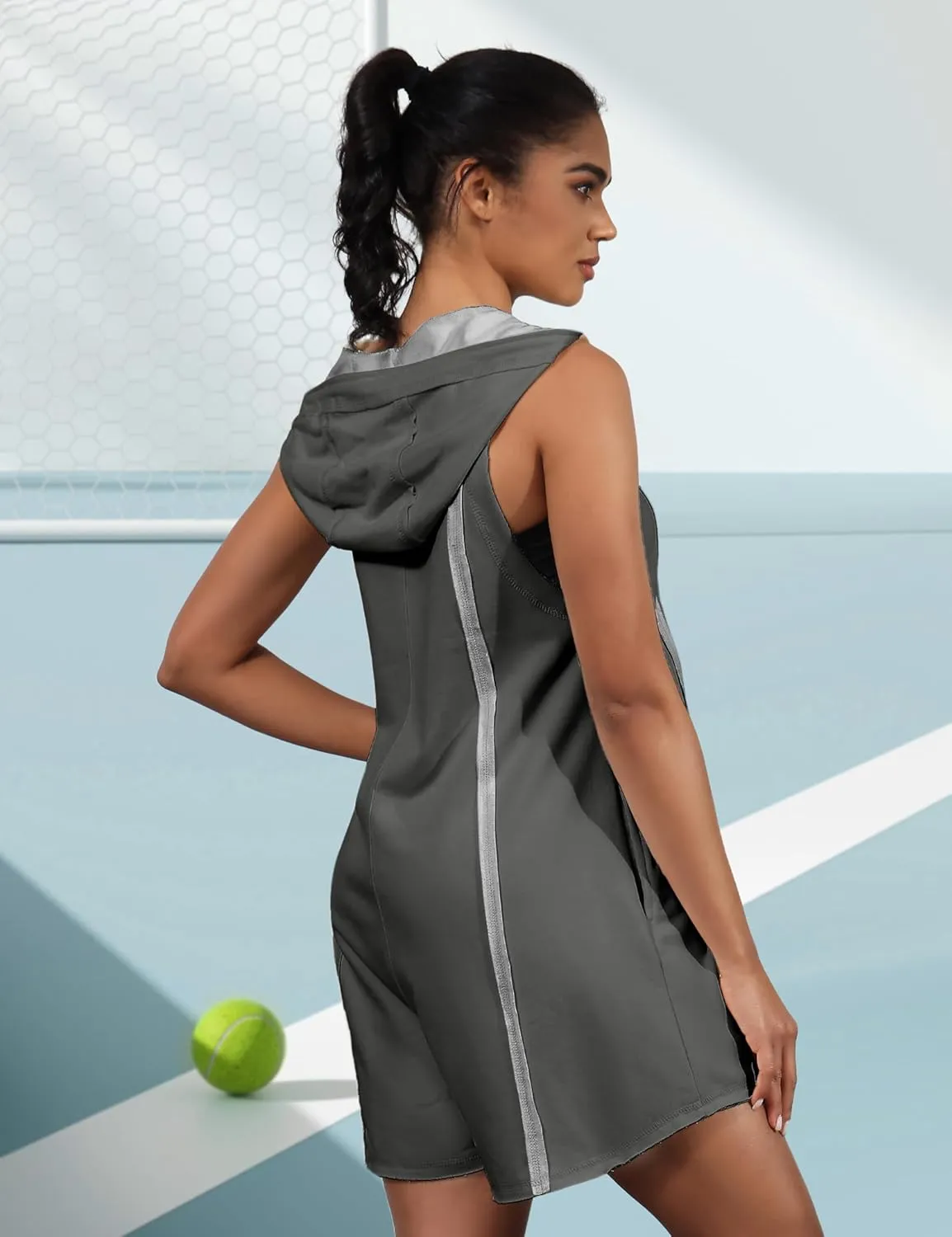Rompers for Women Athletic Workout Hooded Romper Casual Zip-Front Neck Jumpsuits Overalls with Pockets