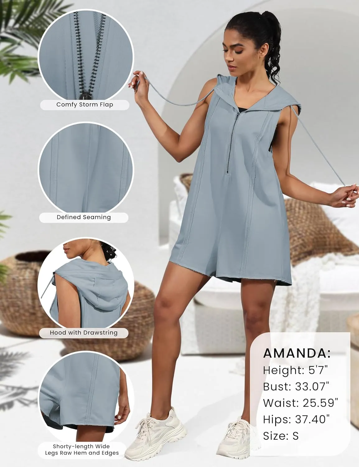 Rompers for Women Athletic Workout Hooded Romper Casual Zip-Front Neck Jumpsuits Overalls with Pockets