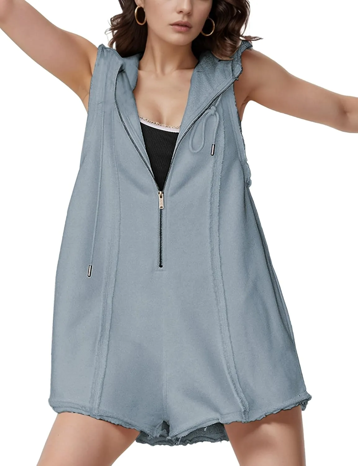 Rompers for Women Athletic Workout Hooded Romper Casual Zip-Front Neck Jumpsuits Overalls with Pockets
