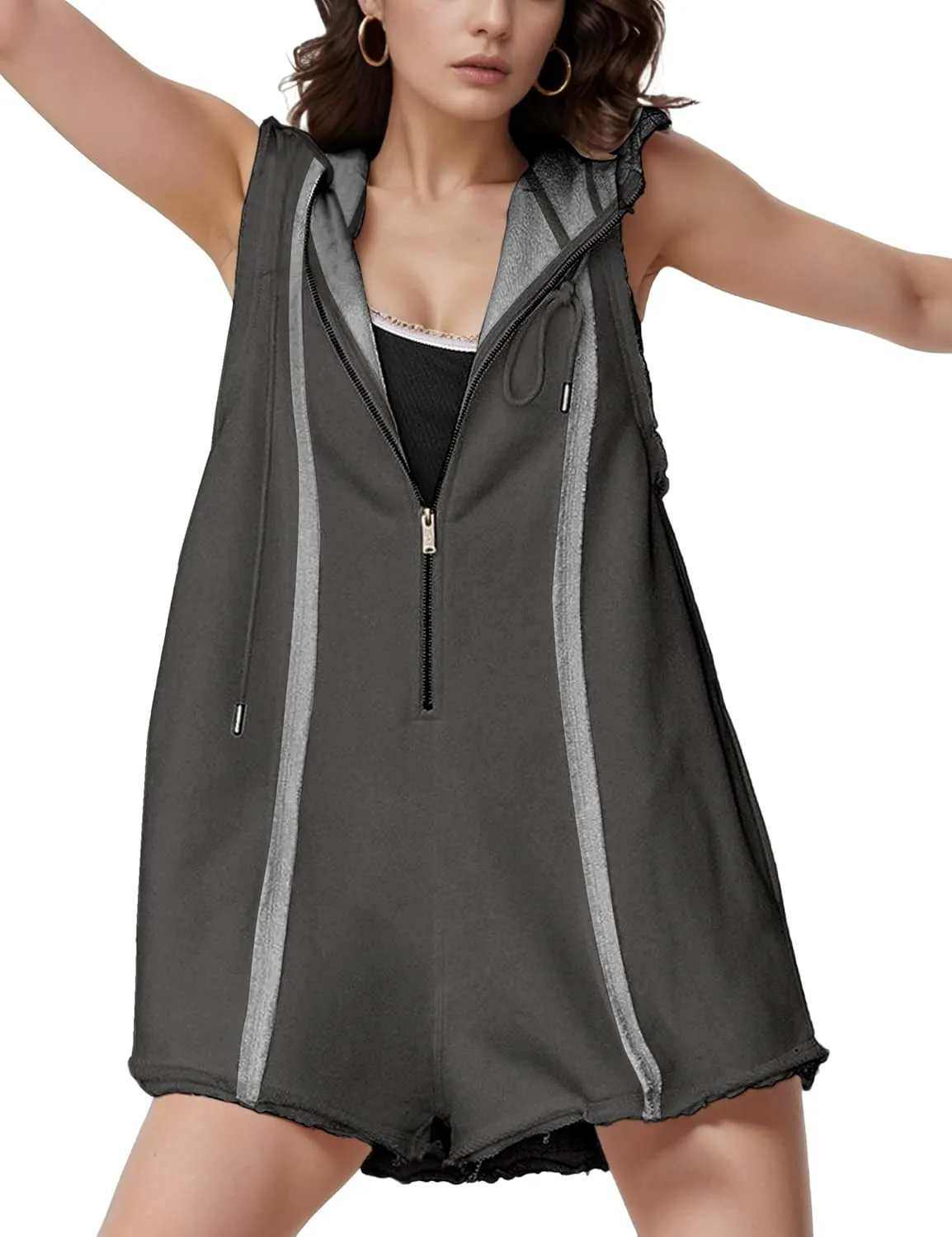 Rompers for Women Athletic Workout Hooded Romper Casual Zip-Front Neck Jumpsuits Overalls with Pockets