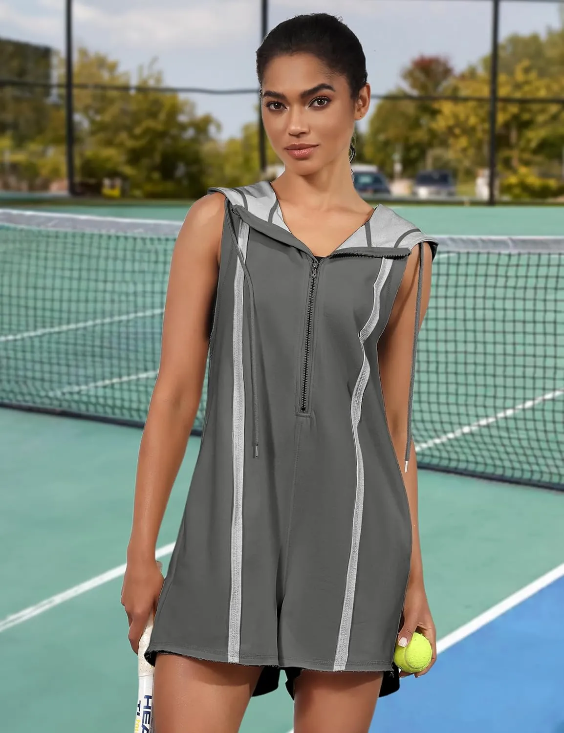 Rompers for Women Athletic Workout Hooded Romper Casual Zip-Front Neck Jumpsuits Overalls with Pockets