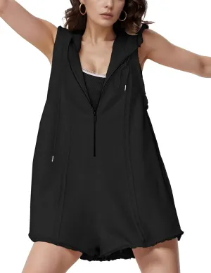 Rompers for Women Athletic Workout Hooded Romper Casual Zip-Front Neck Jumpsuits Overalls with Pockets