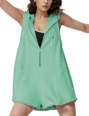 Rompers for Women Athletic Workout Hooded Romper Casual Zip-Front Neck Jumpsuits Overalls with Pockets
