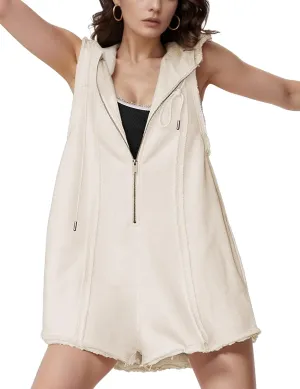 Rompers for Women Athletic Workout Hooded Romper Casual Zip-Front Neck Jumpsuits Overalls with Pockets