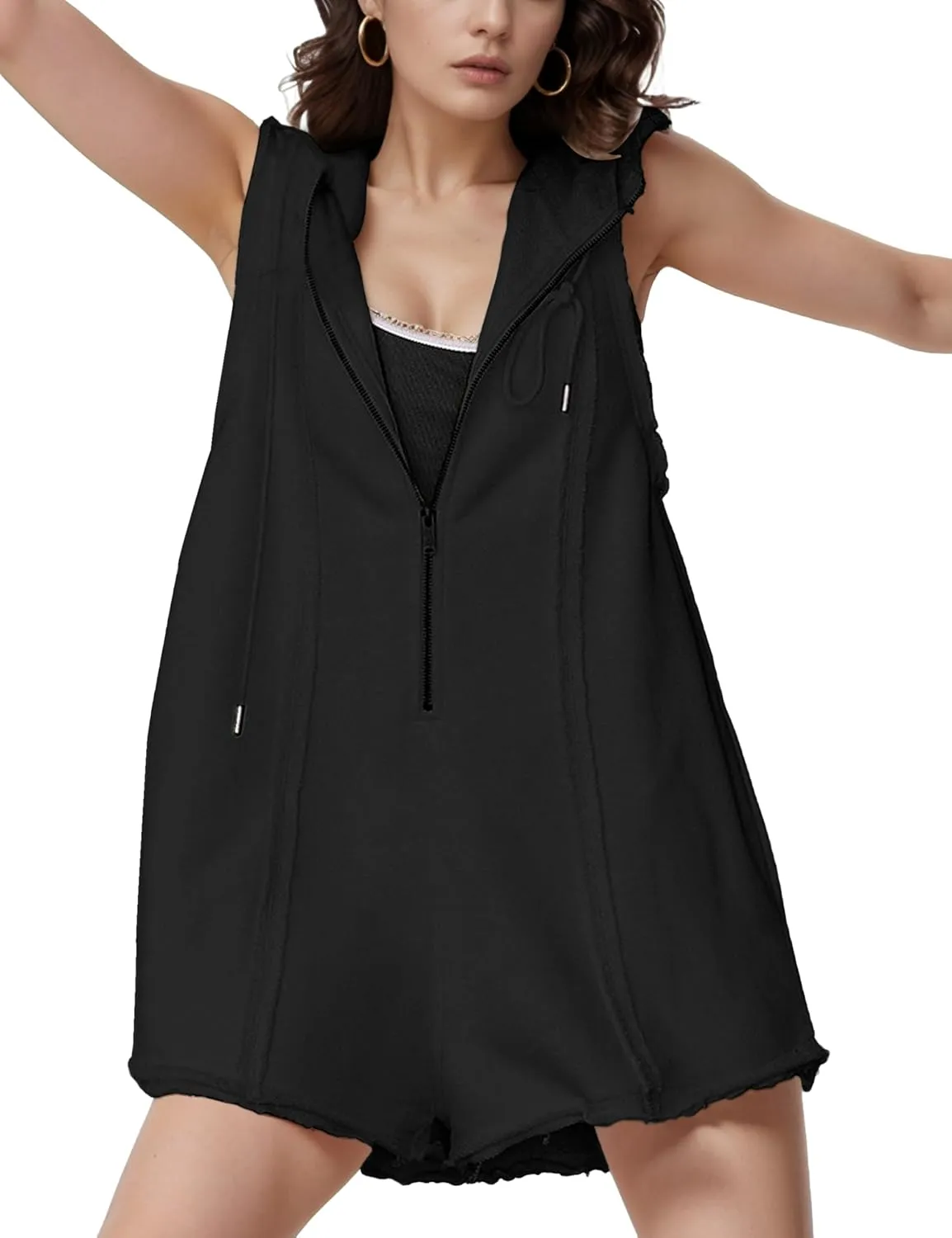 Rompers for Women Athletic Workout Hooded Romper Casual Zip-Front Neck Jumpsuits Overalls with Pockets