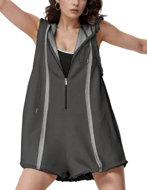 Rompers for Women Athletic Workout Hooded Romper Casual Zip-Front Neck Jumpsuits Overalls with Pockets