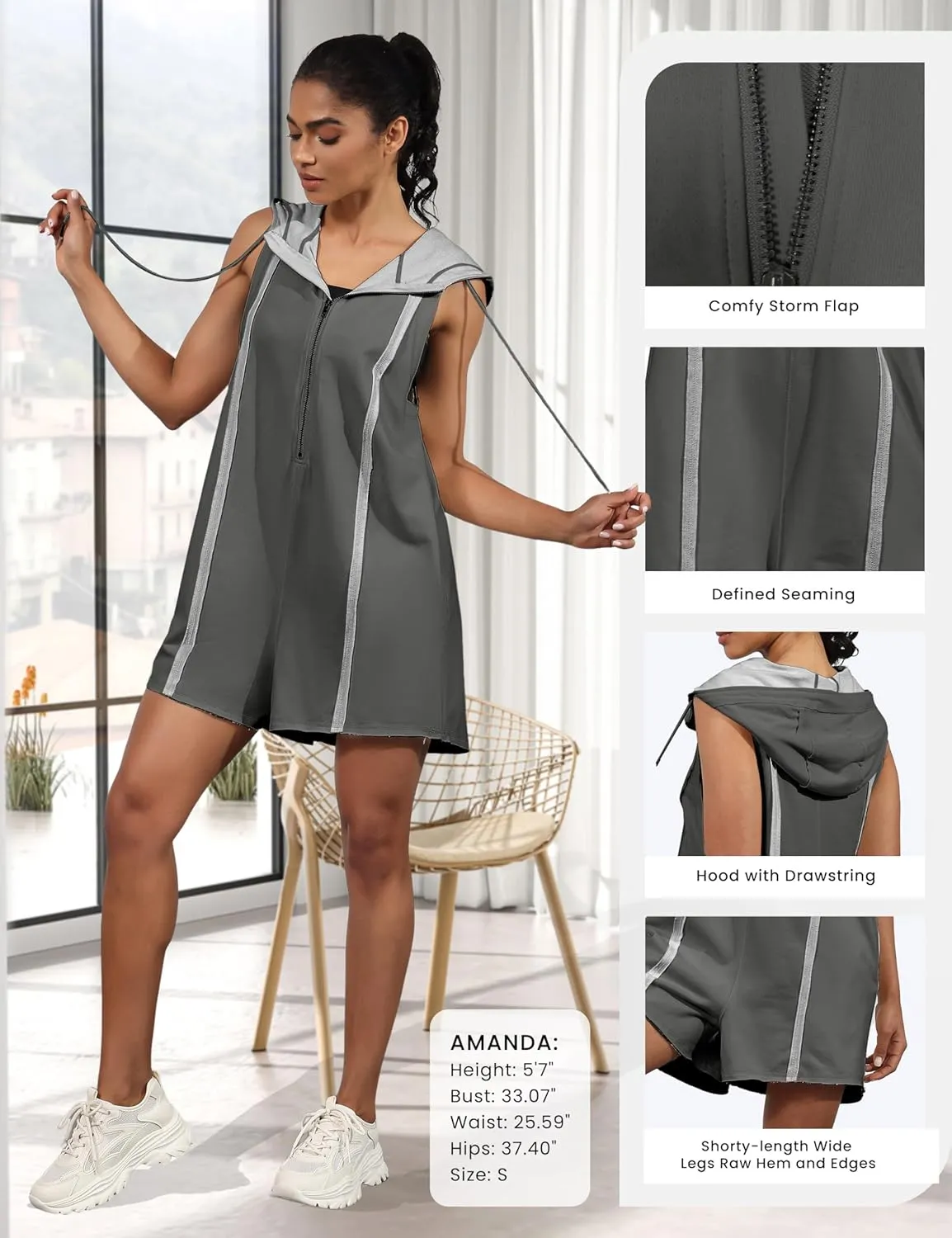 Rompers for Women Athletic Workout Hooded Romper Casual Zip-Front Neck Jumpsuits Overalls with Pockets
