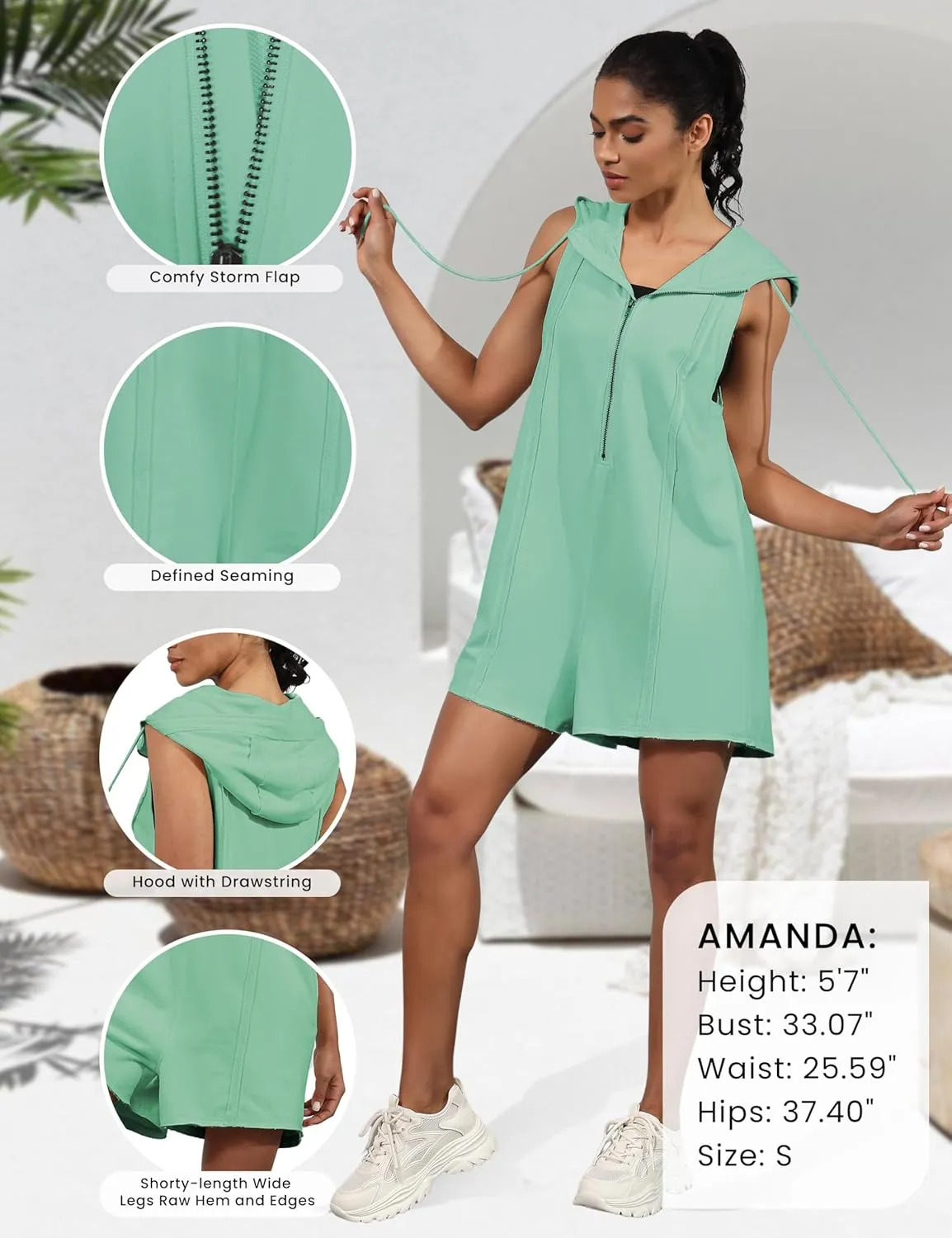 Rompers for Women Athletic Workout Hooded Romper Casual Zip-Front Neck Jumpsuits Overalls with Pockets
