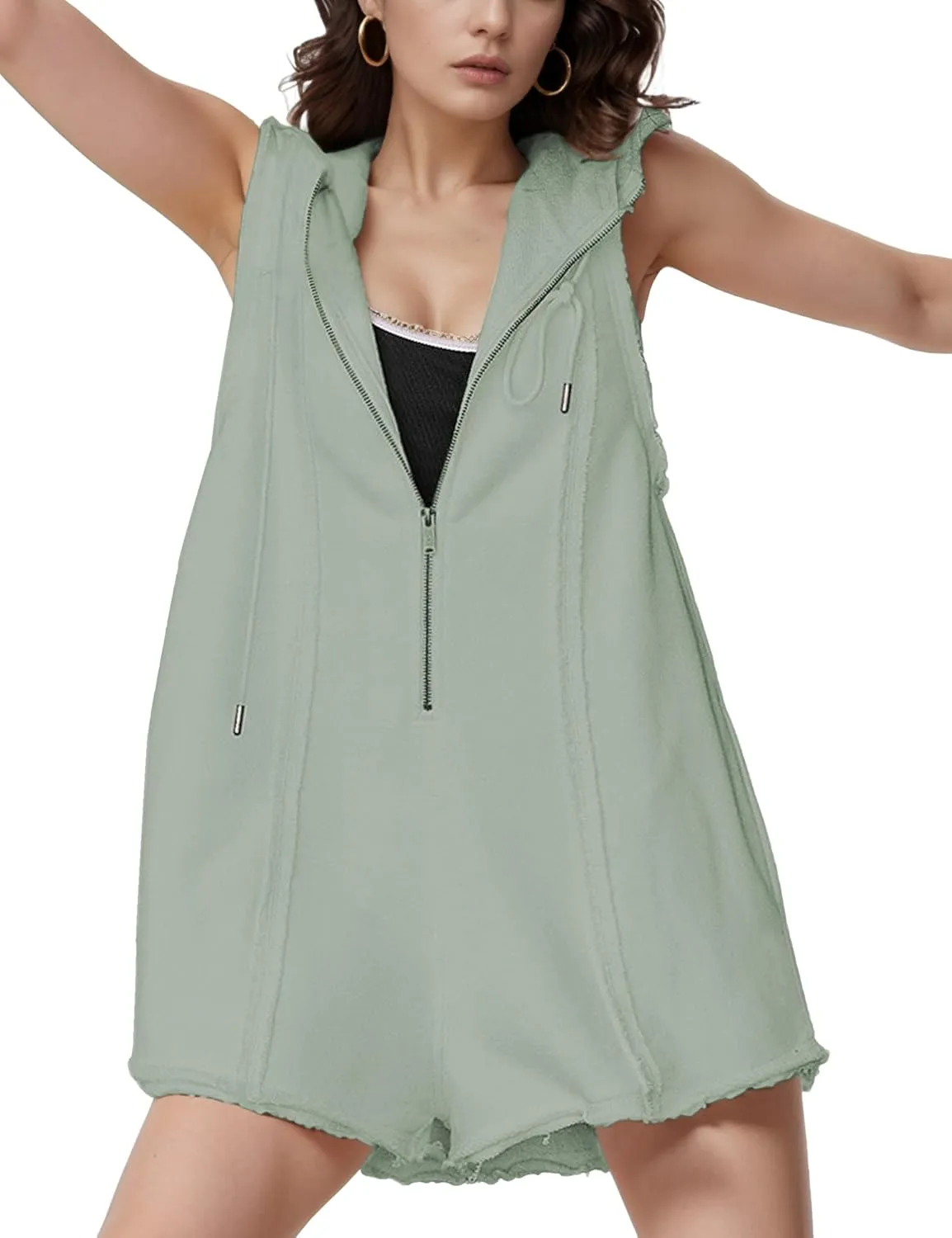 Rompers for Women Athletic Workout Hooded Romper Casual Zip-Front Neck Jumpsuits Overalls with Pockets