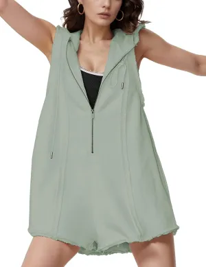 Rompers for Women Athletic Workout Hooded Romper Casual Zip-Front Neck Jumpsuits Overalls with Pockets