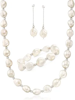 Ross-Simons 11-12mm Cultured Baroque Pearl and Sterling Silver Jewelry Set: Earrings, Bracelet and Necklace