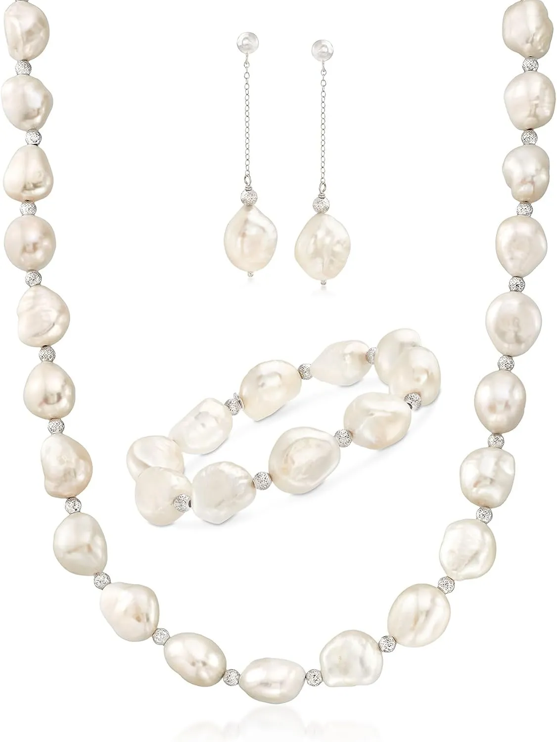 Ross-Simons 11-12mm Cultured Baroque Pearl and Sterling Silver Jewelry Set: Earrings, Bracelet and Necklace