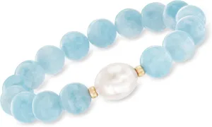 Ross-Simons 12-13mm Cultured Baroque Pearl and 140.00 ct. t.w. Aquamarine Bead Stretch Bracelet With 14kt Yellow Gold. Adjustable Size