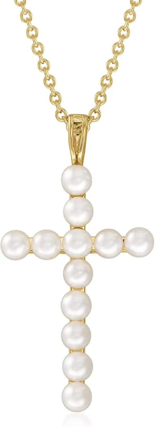 Ross-Simons 3.5-4mm Cultured Pearl Cross Pendant Necklace in 18kt Gold Over Sterling. 18 inches