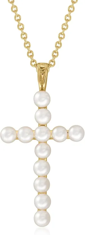 Ross-Simons 3.5-4mm Cultured Pearl Cross Pendant Necklace in 18kt Gold Over Sterling. 18 inches