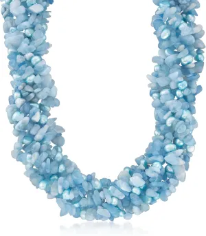 Ross-Simons 5-6mm Blue Cultured Pearl and 850.00 ct. t.w. Aquamarine Bead Torsade Necklace With Sterling Silver. 18 inches