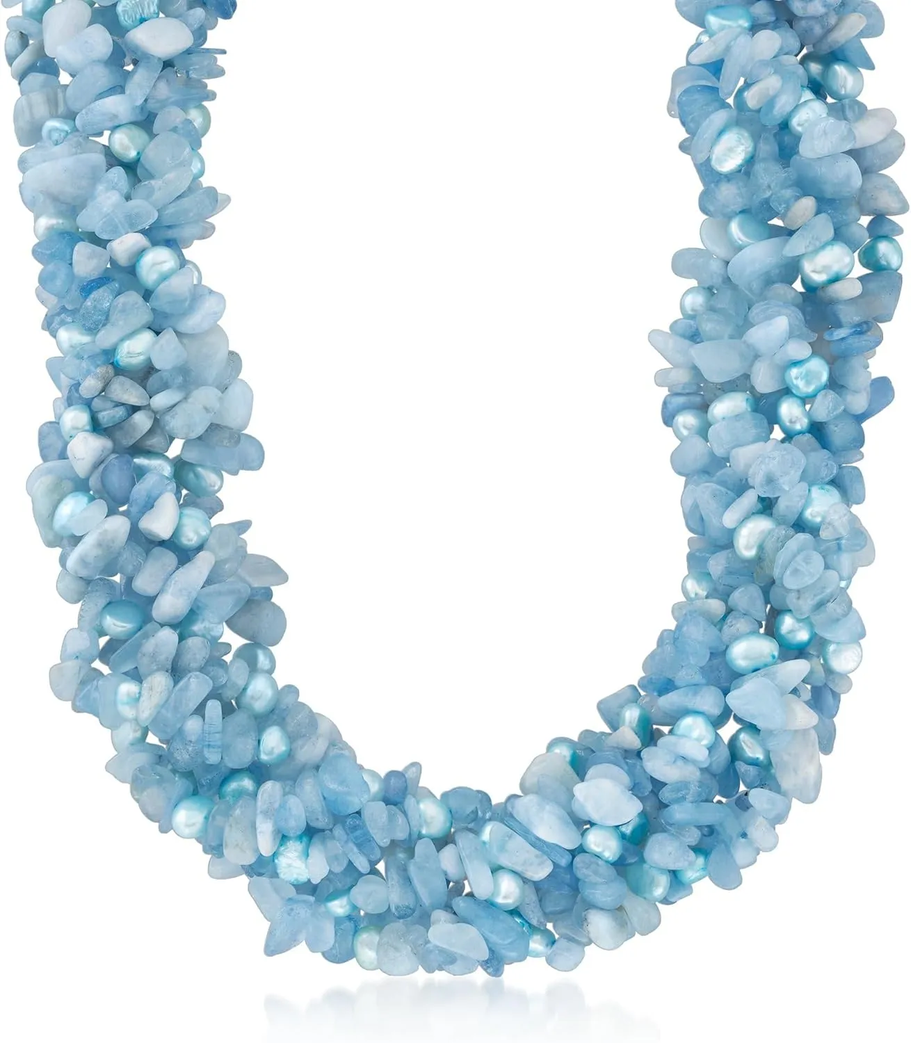 Ross-Simons 5-6mm Blue Cultured Pearl and 850.00 ct. t.w. Aquamarine Bead Torsade Necklace With Sterling Silver. 18 inches