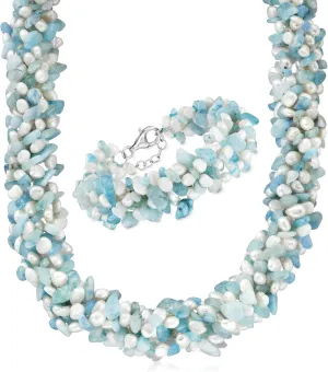 Ross-Simons Aquamarine Bead and 5-6mm Cultured Pearl Torsade Necklace With Free Bracelet. 18 inches