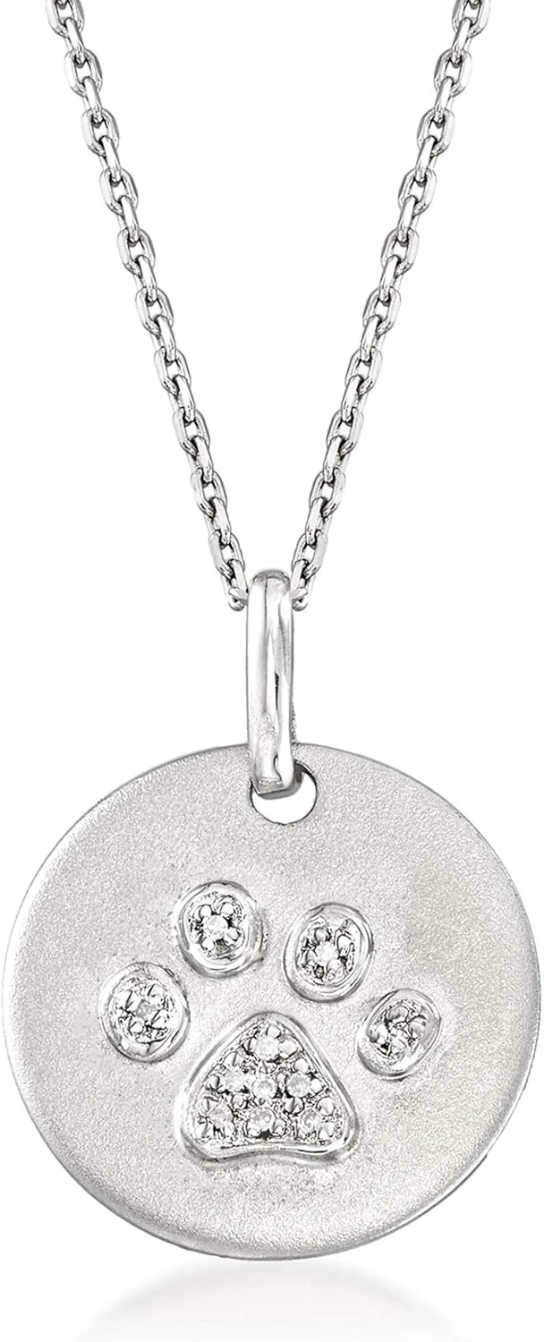 Ross-Simons Diamond Paw Print Disc Pendant Necklace in Sterling Silver. 16 inches