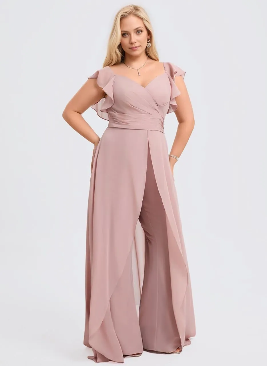 Ruffle Chiffon Bridesmaid Jumpsuits with Slit Pleated V Neck Wedding Guest Pantsuits