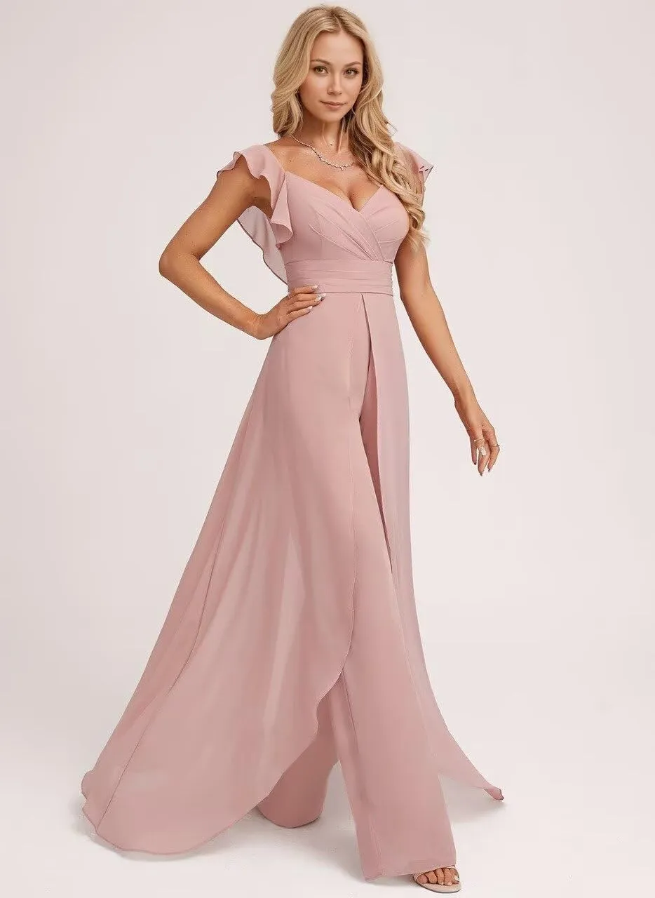 Ruffle Chiffon Bridesmaid Jumpsuits with Slit Pleated V Neck Wedding Guest Pantsuits