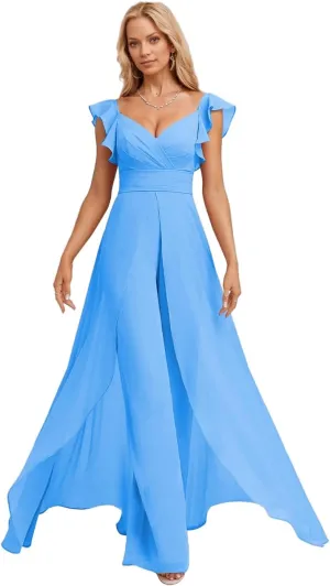 Ruffle Chiffon Bridesmaid Jumpsuits with Slit Pleated V Neck Wedding Guest Pantsuits