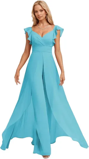 Ruffle Chiffon Bridesmaid Jumpsuits with Slit Pleated V Neck Wedding Guest Pantsuits