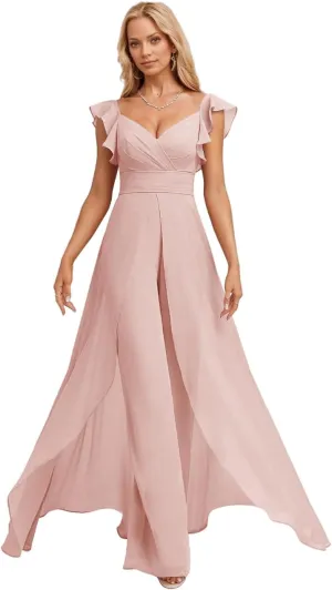 Ruffle Chiffon Bridesmaid Jumpsuits with Slit Pleated V Neck Wedding Guest Pantsuits