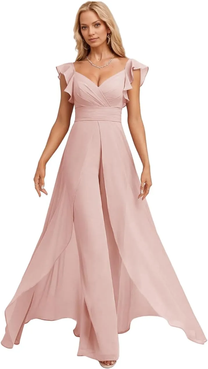 Ruffle Chiffon Bridesmaid Jumpsuits with Slit Pleated V Neck Wedding Guest Pantsuits