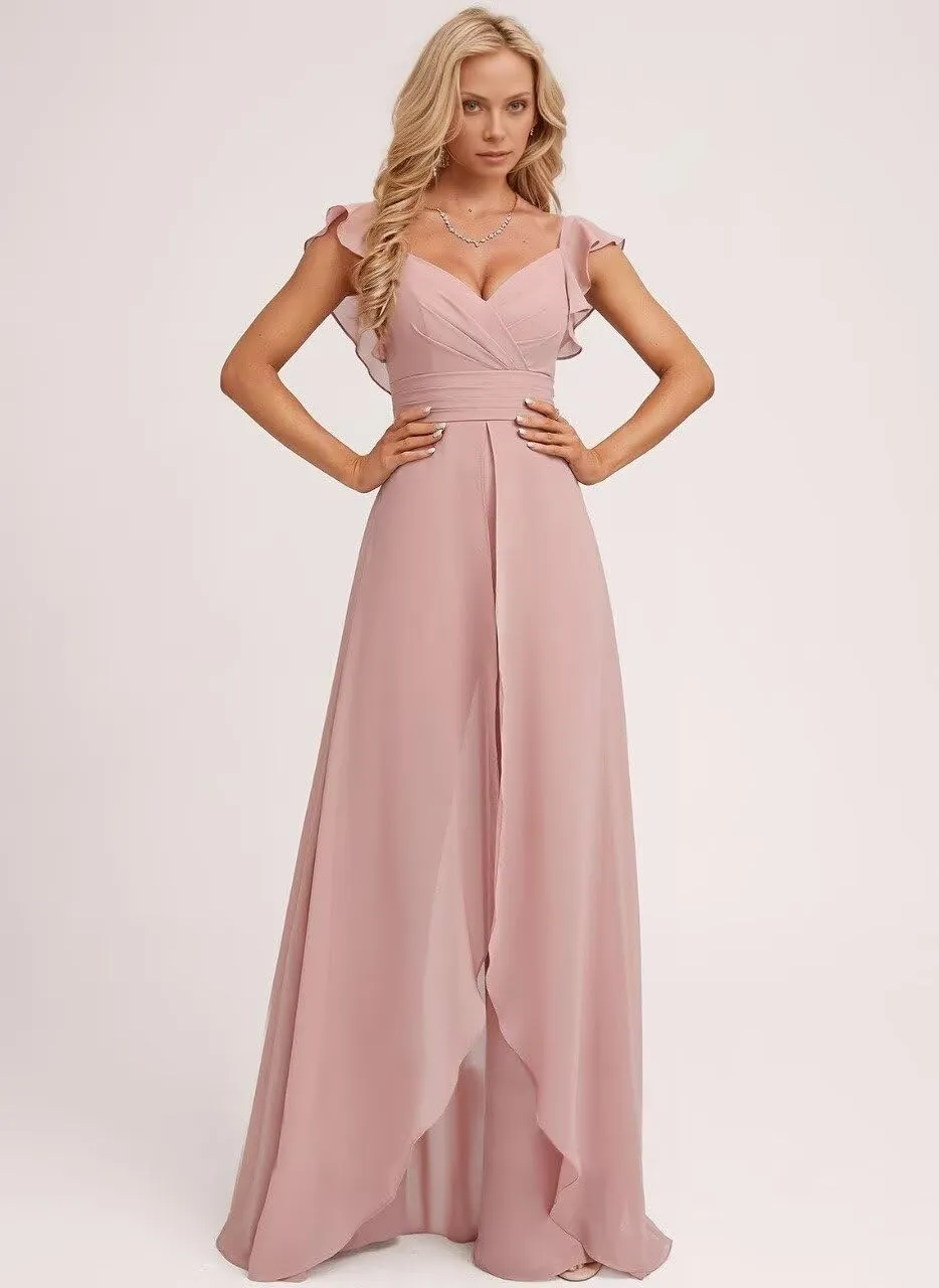Ruffle Chiffon Bridesmaid Jumpsuits with Slit Pleated V Neck Wedding Guest Pantsuits