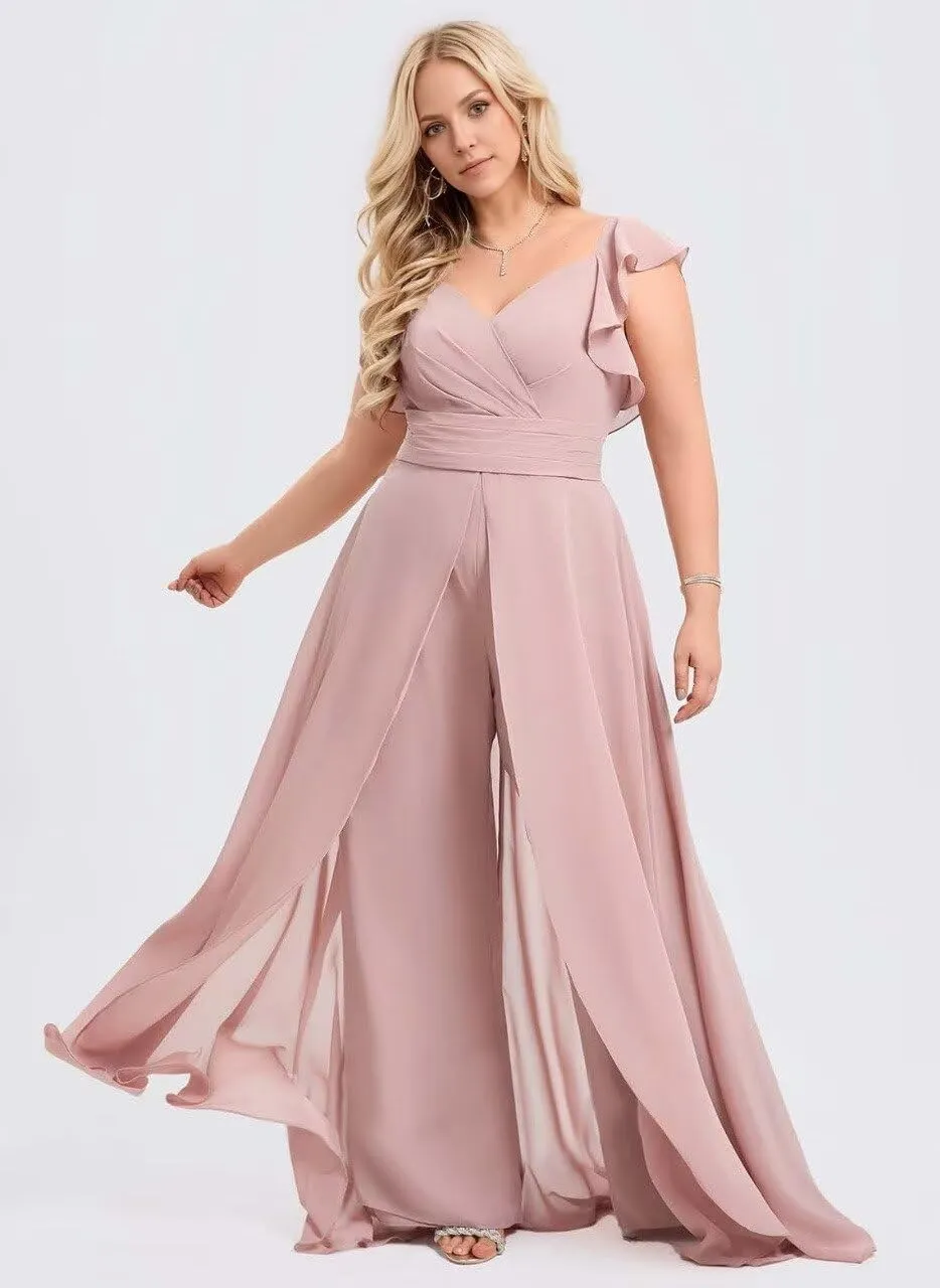 Ruffle Chiffon Bridesmaid Jumpsuits with Slit Pleated V Neck Wedding Guest Pantsuits