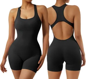 RXRXCOCO Women's Sexy Sleeveless Yoga Jumpsuits Shorts Bodysuit One Piece Deep Scoop Neck Backless Bodycon Jumpsuits