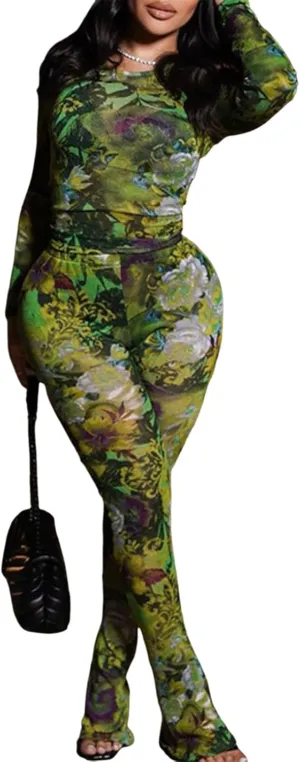 Ryehack Two Piece Sets for Women Floral Print See Through Mesh Long Sleeve Crop Tops and Pants Sets Jumpsuits Club Outfits