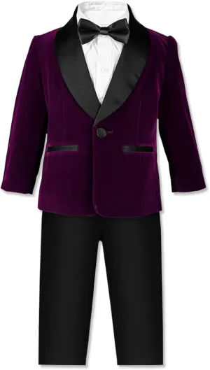 SANGTREE Boys Shawl Tuxedo Suit Velvet Set Gentleman Wedding Outfit, 3 Months - 14 Years