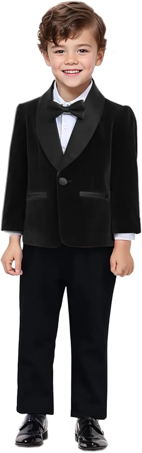 SANGTREE Boys Shawl Tuxedo Suit Velvet Set Gentleman Wedding Outfit, 3 Months - 14 Years