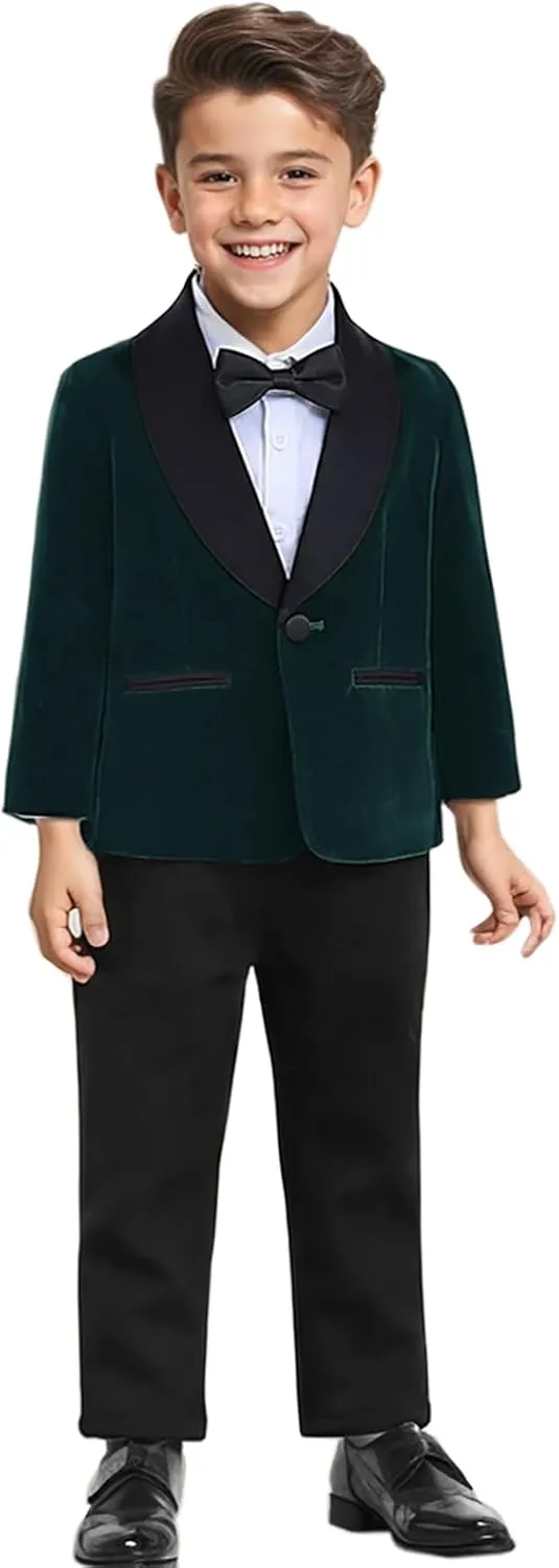 SANGTREE Boys Shawl Tuxedo Suit Velvet Set Gentleman Wedding Outfit, 3 Months - 14 Years